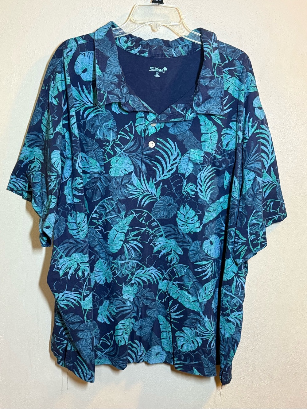 Men’s KS Island Tropical Leaf Print Navy & Teal Button Polo Sz 6X